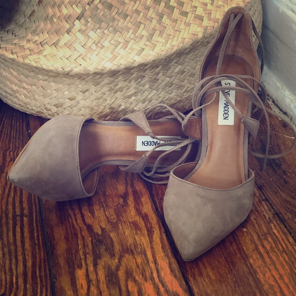 Taupe suede strappy Steve Madden heels